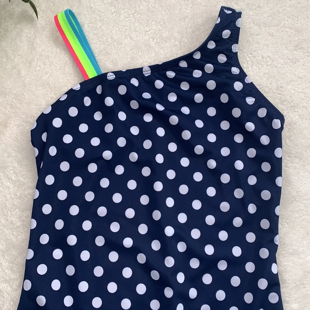 Land’s End Navy Polka Dot Rainbow Shoulder Swimsuit 10 EUC